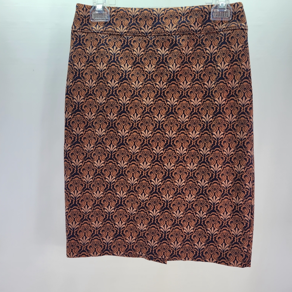 Ann Taylor Loft Dark Orange Blue Abstract Floral Design Back Zip Pencil Size 4